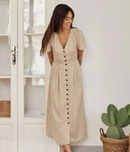 Gathered Detail Florence Half Sleeve V-Neck Dress